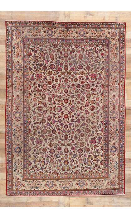 7 x 10 Antique Ivory Persian Kashan Rug 61318