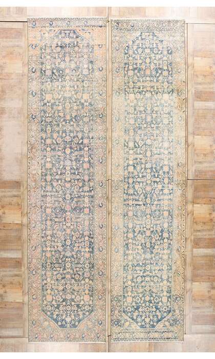 4 x 17 Distressed Antique Persian Hussainabad Hamadan Rug Runner 61332 Matching Pair