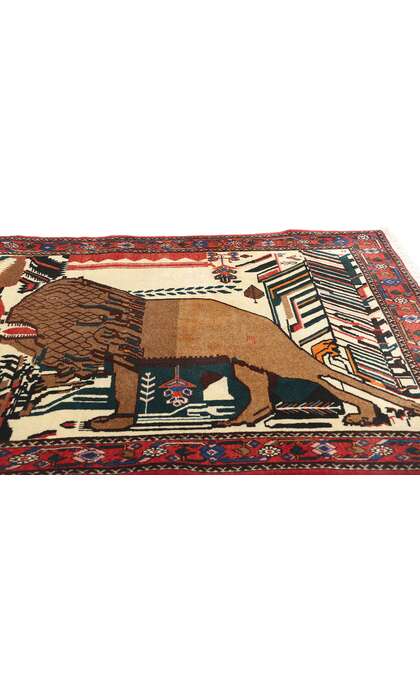 3 x 5 Vintage Persian Abadeh Lion Pictorial Rug 79009