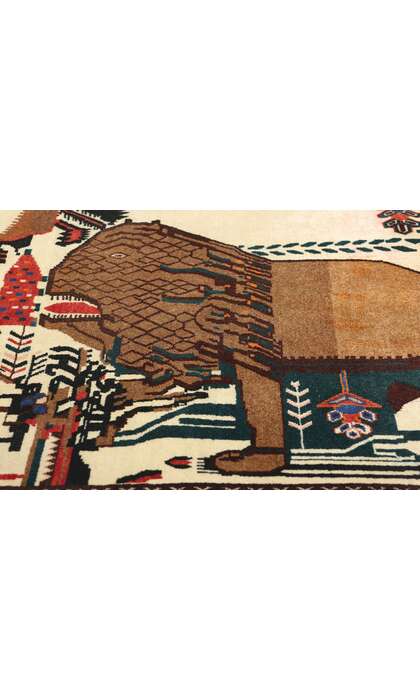 3 x 5 Vintage Persian Abadeh Lion Pictorial Rug 79009