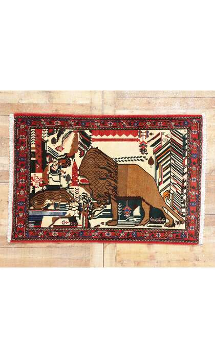 3 x 5 Vintage Persian Abadeh Lion Pictorial Rug 79009