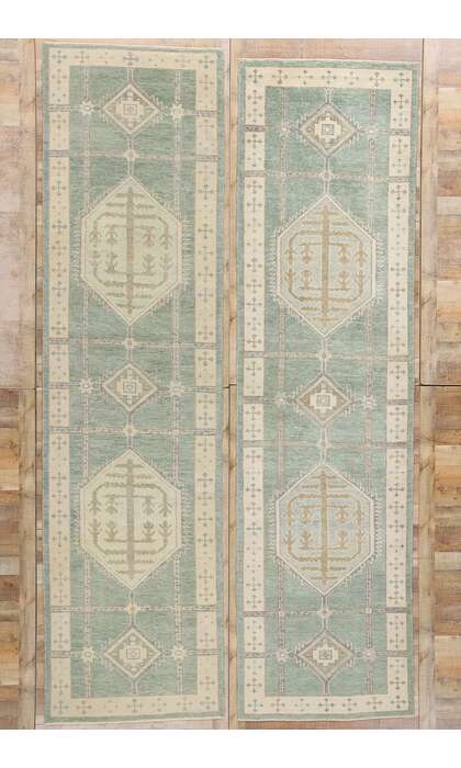 4 x 14 Modern Green Turkish Oushak Rug 53985 Matching Pair