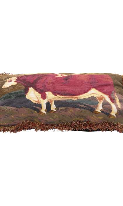 2 x 3 Antique French Needlepoint Shorthorn Ox Tapestry Pillow 79144