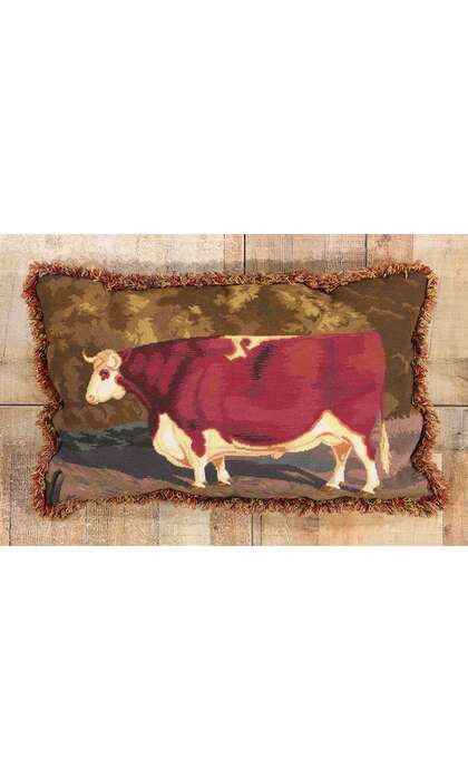 2 x 3 Antique French Needlepoint Shorthorn Ox Tapestry Pillow 79144
