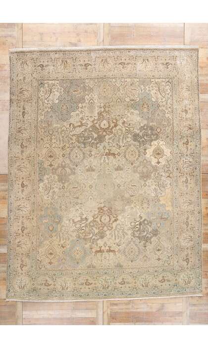 10 x 12 Distressed Vintage Earth-Tone Persian Tabriz Pictorial Rug 61354